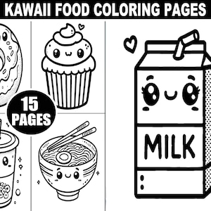 かわいい食べ物の塗り絵 | 大人と子供向けの大胆で簡単なデザイン 15 選 | かわいい食べ物のキャラクター、漫画のスナック、楽しいイラスト