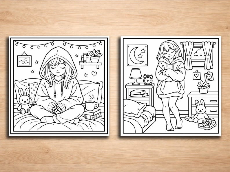 K&ouml;nnte beinhalten: Zwei Schwarz-Wei&szlig;-Illustrationen einer gem&uuml;tlichen Schlafzene. Eine zeigt eine Person in einem Kapuzenpullover, die im Schneidersitz auf einem Bett sitzt, die andere zeigt eine Person, die steht und ein Buch h&auml;lt. Beide Bilder haben einen niedlichen, cartoonartigen Stil.
