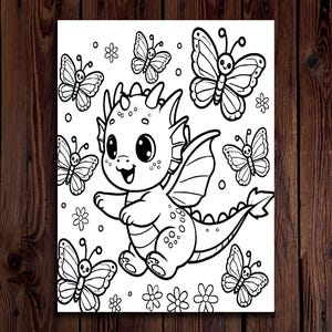 May include: Black and white line art illustration of a cartoon dragon with butterflies and flowers. The dragon has large eyes and is smiling. Butterflies and flowers are scattered around the dragon.
