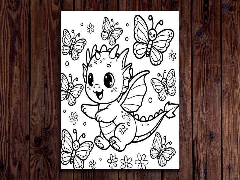May include: Black and white line art illustration of a cartoon dragon with butterflies and flowers. The dragon has large eyes and is smiling. Butterflies and flowers are scattered around the dragon.