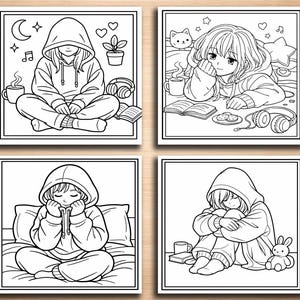 K&ouml;nnte beinhalten: Vier Schwarz-Wei&szlig;-Illustrationen von Anime-Figuren in Kapuzenpullovern. Jedes Bild zeigt eine Person in entspannter Pose, mit Elementen wie B&uuml;chern, Kopfh&ouml;rern und einer Katze. Die Zeichnungen sind quadratisch.