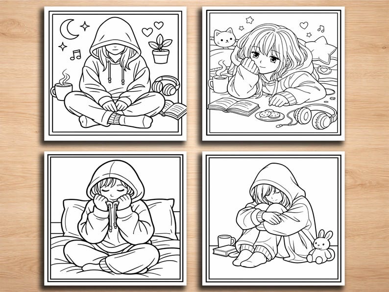 K&ouml;nnte beinhalten: Vier Schwarz-Wei&szlig;-Illustrationen von Anime-Figuren in Kapuzenpullovern. Jedes Bild zeigt eine Person in entspannter Pose, mit Elementen wie B&uuml;chern, Kopfh&ouml;rern und einer Katze. Die Zeichnungen sind quadratisch.