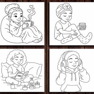 May include: Four-panel illustration depicting relaxing activities. One shows a person with a mug, another applying cocoa butter, a third writing in a journal, and the last wearing headphones. All are black and white.