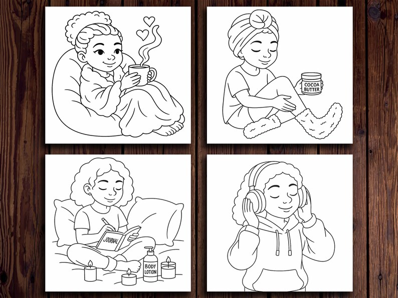 May include: Four-panel illustration depicting relaxing activities. One shows a person with a mug, another applying cocoa butter, a third writing in a journal, and the last wearing headphones. All are black and white.