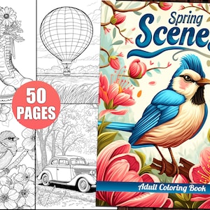 Könnte beinhalten: Ein Malbuch für Erwachsene mit einem Cover, das einen blauen Vogel zeigt, der auf einem Ast mit rosa Blüten sitzt. Der Titel des Buches lautet "Frühlingsszenen" und es enthält 50 Seiten.