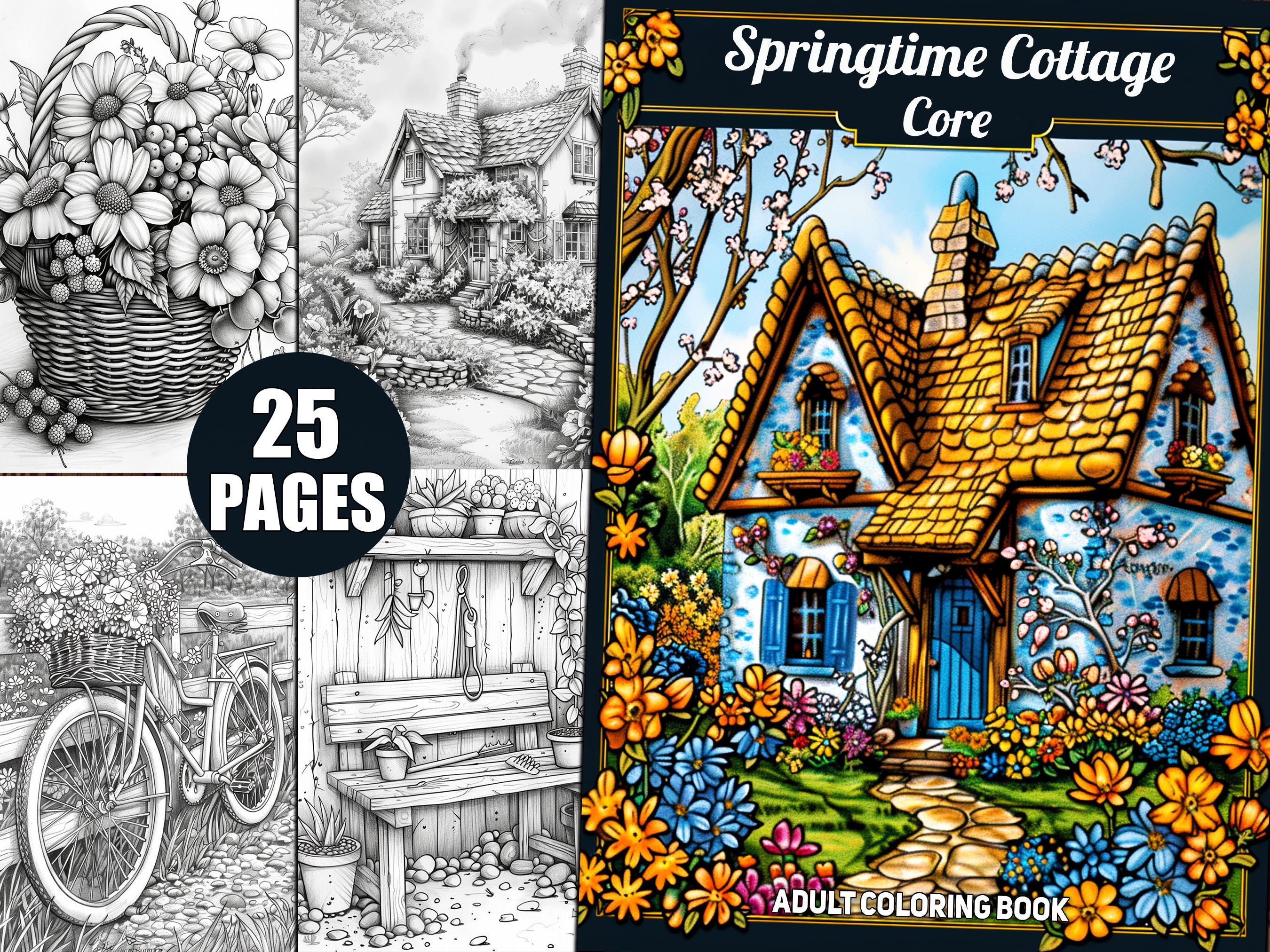 Cottagecore Coloring Book: 25 Springtime Country Life Pages (grayscale ...
