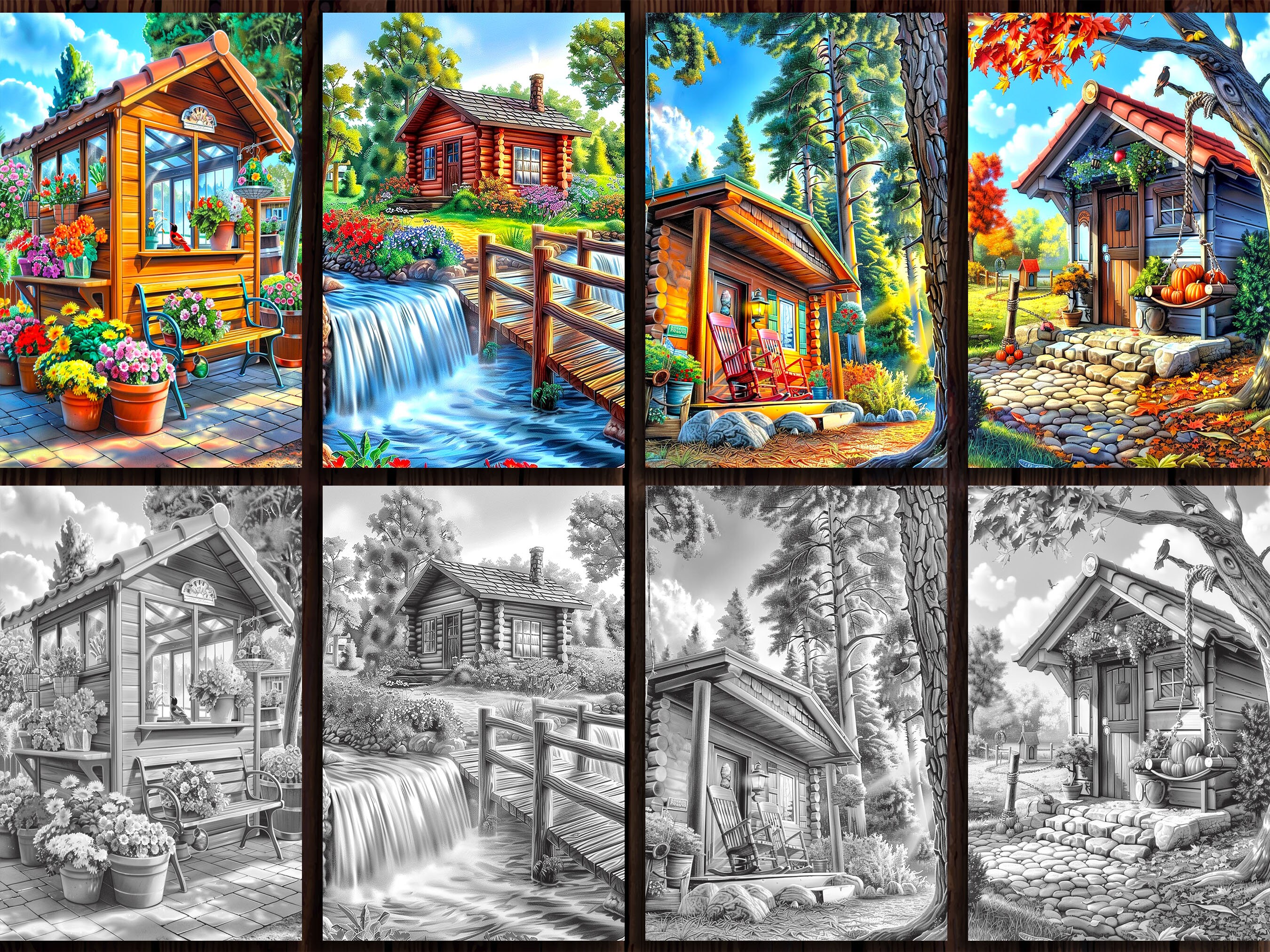 Cozy Cabin in the Woods Coloring Pages: Grayscale Rustic Forest Scenes ...