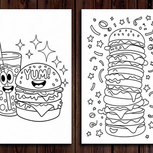 Pu&ograve; includere: Una pagina da colorare in bianco e nero con un hamburger di cartone animato con la scritta "YUM!" sopra e un bicchiere di bibita con una cannuccia. L'hamburger sorride e ha un panino con semi di sesamo. La bibita ha una cannuccia ed &egrave; frizzante. Ci sono stelle intorno all'hamburger e alla bibita. La seconda immagine &egrave; una pagina da colorare in bianco e nero di un alto cumulo di hamburger con un panino con semi di sesamo. Ci sono stelle e coriandoli intorno all'hamburger.