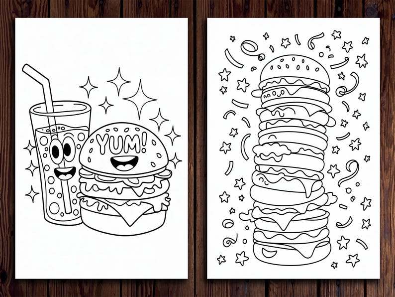 Pu&ograve; includere: Una pagina da colorare in bianco e nero con un hamburger di cartone animato con la scritta "YUM!" sopra e un bicchiere di bibita con una cannuccia. L'hamburger sorride e ha un panino con semi di sesamo. La bibita ha una cannuccia ed &egrave; frizzante. Ci sono stelle intorno all'hamburger e alla bibita. La seconda immagine &egrave; una pagina da colorare in bianco e nero di un alto cumulo di hamburger con un panino con semi di sesamo. Ci sono stelle e coriandoli intorno all'hamburger.
