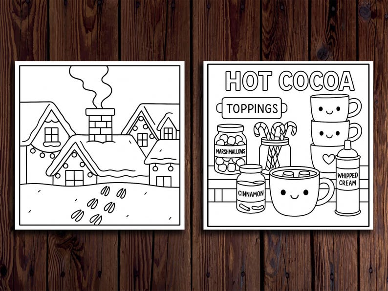 Puede incluir: Dos dibujos en blanco y negro sobre un fondo de madera. Uno representa casas cubiertas de nieve con una chimenea humeante y huellas. El otro muestra chocolate caliente con coberturas: malvaviscos, canela y crema batida.