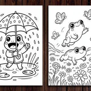 May include: Two black and white illustrations of frogs. One shows a frog under an umbrella in the rain. The other shows two frogs with butterflies and flowers. The illustrations are suitable for coloring.