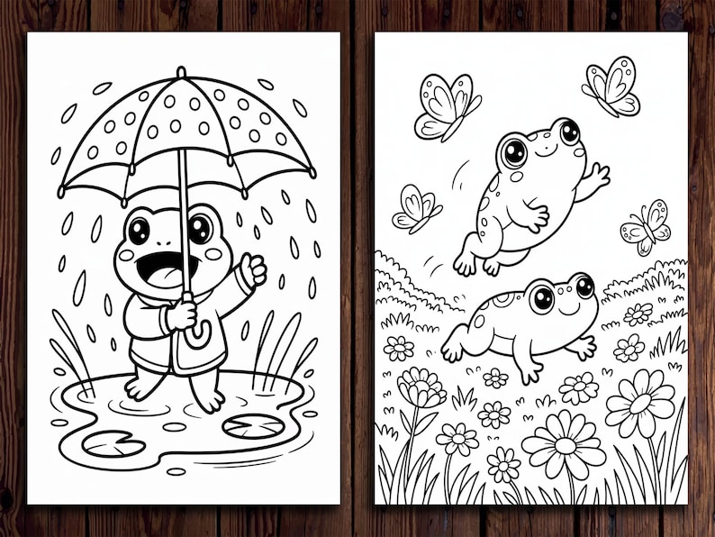 May include: Two black and white illustrations of frogs. One shows a frog under an umbrella in the rain. The other shows two frogs with butterflies and flowers. The illustrations are suitable for coloring.
