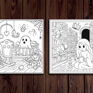K&ouml;nnte beinhalten: Zwei Schwarz-Wei&szlig;-Illustrationen auf Holzgrund. Das linke Bild zeigt eine Wiege mit einem Geist, Spielzeug und einem Mobile. Das rechte Bild zeigt eine Person, die in einer Bibliothek mit schwebenden B&uuml;chern und einer Kerze liest.