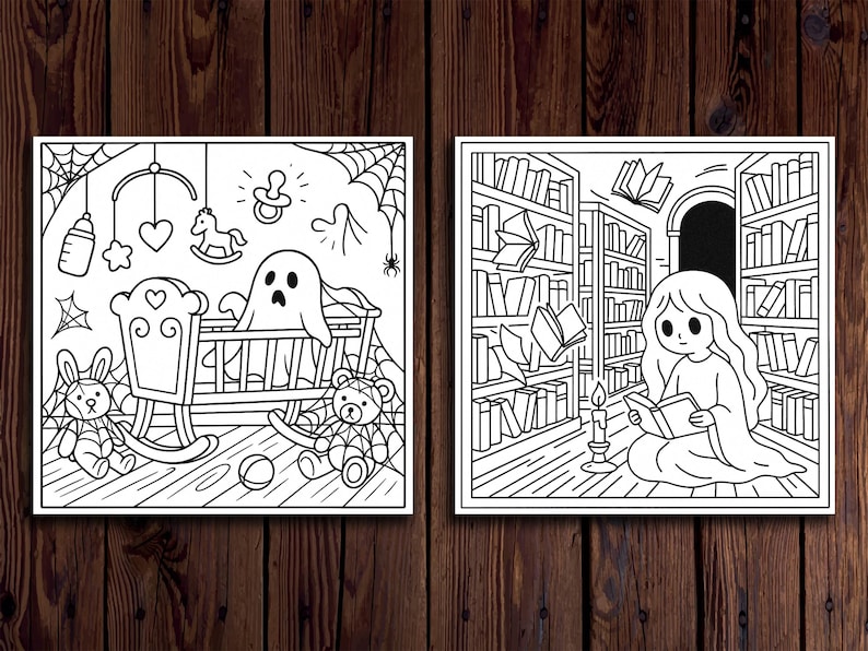 K&ouml;nnte beinhalten: Zwei Schwarz-Wei&szlig;-Illustrationen auf Holzgrund. Das linke Bild zeigt eine Wiege mit einem Geist, Spielzeug und einem Mobile. Das rechte Bild zeigt eine Person, die in einer Bibliothek mit schwebenden B&uuml;chern und einer Kerze liest.