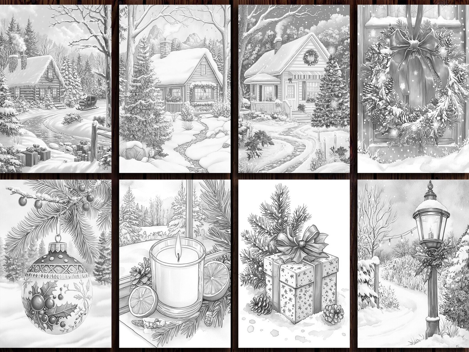 Christmas Scenes Coloring Pages Grayscale Winter Wonderland Art 