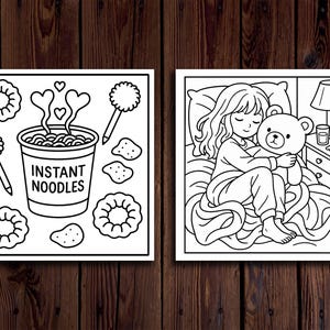 May include: Black and white line art illustration featuring two panels. One panel shows instant noodles with the text "Instant Noodles". The other panel depicts a person hugging a teddy bear in bed, with a bedside table and lamp.