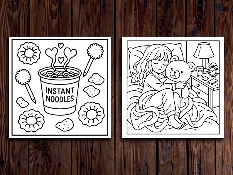 May include: Black and white line art illustration featuring two panels. One panel shows instant noodles with the text "Instant Noodles". The other panel depicts a person hugging a teddy bear in bed, with a bedside table and lamp.