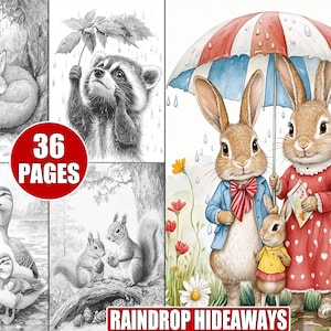 May include: A colouring book with 36 pages featuring illustrations of animals in the rain. The cover shows two bunnies under a red and white striped umbrella with flowers and raindrops in the background. The text "Raindrop Hideaways" is printed on the cover.