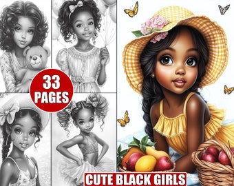 May include: A coloring book with 33 pages featuring cute black girls in various poses. The cover shows a girl with a yellow hat and a basket of fruit.