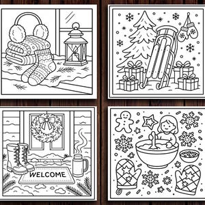 Puede incluir: Cuatro ilustraciones en blanco y negro con temas invernales. Una muestra orejeras, mantas, calcetines y una linterna. Otra representa un trineo, regalos y un &aacute;rbol de Navidad. Una tercera muestra una corona, botas y una alfombra de bienvenida. La &uacute;ltima muestra a una persona horneando.