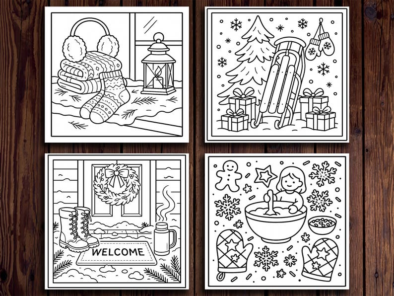 Puede incluir: Cuatro ilustraciones en blanco y negro con temas invernales. Una muestra orejeras, mantas, calcetines y una linterna. Otra representa un trineo, regalos y un &aacute;rbol de Navidad. Una tercera muestra una corona, botas y una alfombra de bienvenida. La &uacute;ltima muestra a una persona horneando.