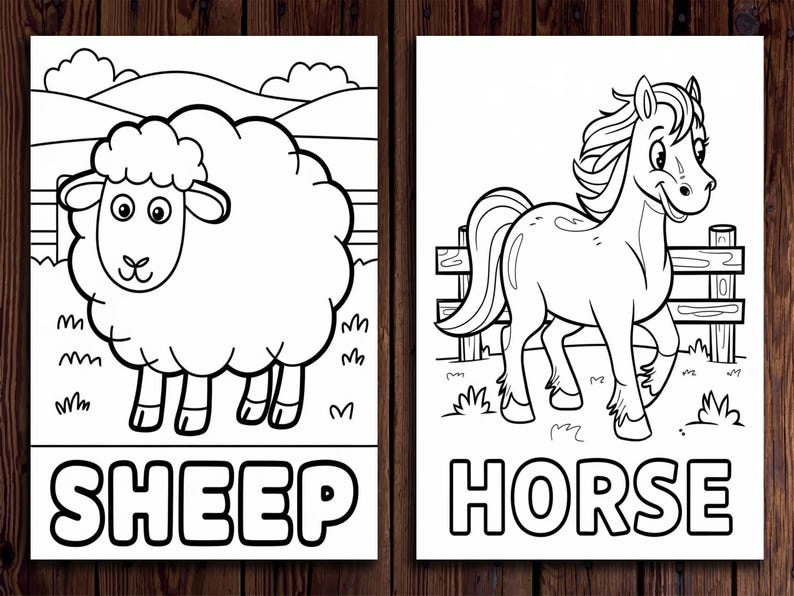 K&ouml;nnte beinhalten: Zwei Schwarz-Wei&szlig;-Illustrationen von Nutztieren. Eine zeigt ein Schaf mit dem Wort "SHEEP" darunter. Die andere zeigt ein Pferd mit dem Wort "HORSE" darunter. Beide Bilder sind im Cartoon-Stil gehalten.