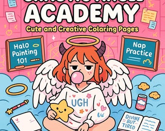 May include: A whimsical illustration for "Chaotic Angel Academy" coloring pages. The image features a cartoon angel with horns, wings, and a bubblegum bubble. Text includes "Halo Painting 101" and "Nap Practice". The angel holds a star and wears a hoodie with "UGH" on it.