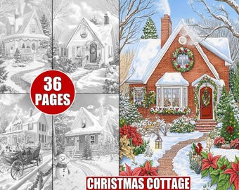 Christmas Cottage Malseiten: Graustufen Winterszenen (PDF druckbares Buch für Erwachsene)