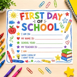 May include: A vibrant "First Day of School" sign with spaces to write in details. The sign includes drawings of a sun, apple, stars, and crayons. The text is in multiple colours, with a blue border. Metric measurements are used.