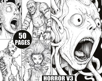 Creepy Horror Coloring Pages for Adults: Grayscale Fantasy Art (Digital Download)