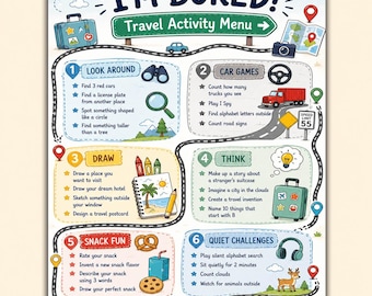 Travel Activity Menu Printable | I’m Bored Activities for Kids, Road Trip Activity Sheet