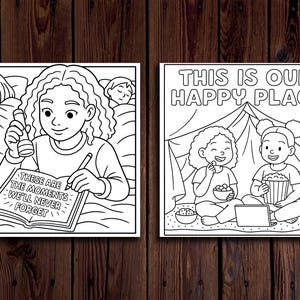 May include: Two black and white illustrations. The first shows a person writing in a notebook with the text "These are the moments we'll never forget." The second shows two people eating popcorn with the text "This is our happy place."