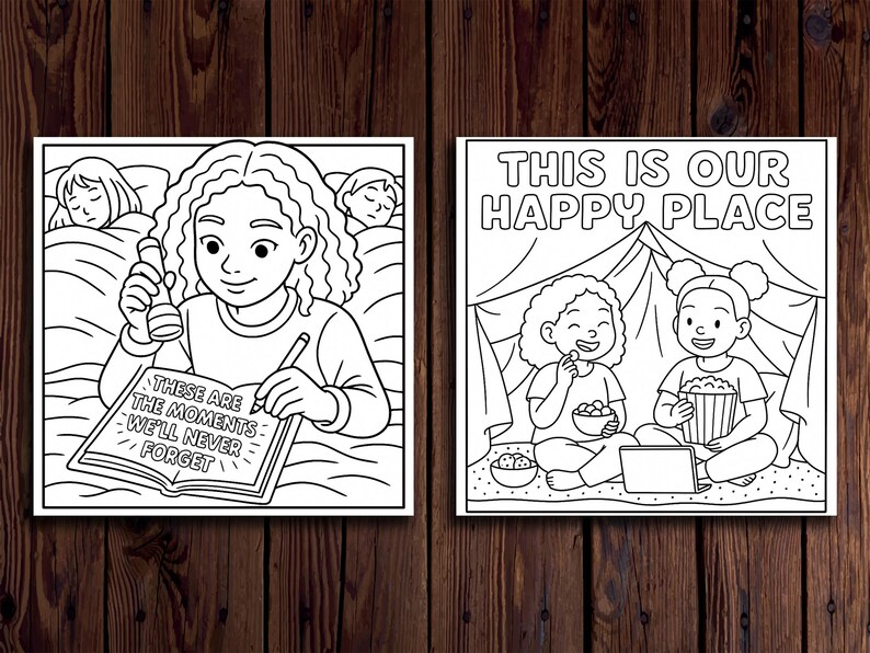 May include: Two black and white illustrations. The first shows a person writing in a notebook with the text "These are the moments we'll never forget." The second shows two people eating popcorn with the text "This is our happy place."