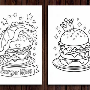 Pu&ograve; includere: Due pagine da colorare in bianco e nero con hamburger di cartoni animati. Il primo hamburger ha una foglia di lattuga come cappello e il testo "Burger Bliss". Il secondo hamburger ha una corona in cima.
