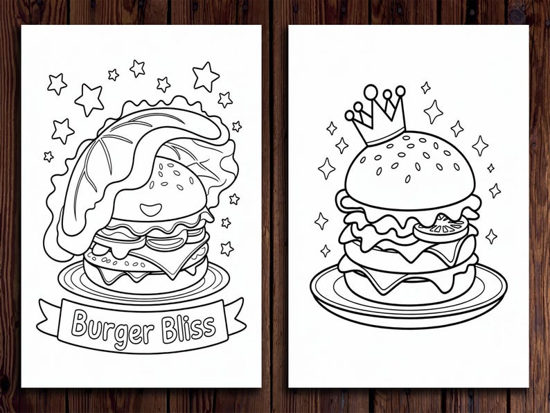 Pu&ograve; includere: Due pagine da colorare in bianco e nero con hamburger di cartoni animati. Il primo hamburger ha una foglia di lattuga come cappello e il testo "Burger Bliss". Il secondo hamburger ha una corona in cima.