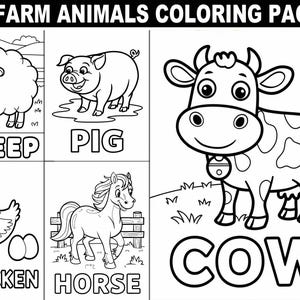 K&ouml;nnte beinhalten: Schwarz-Wei&szlig;-Malvorlagen mit Nutztieren. Das Bild enth&auml;lt Illustrationen eines Schafs, Schweins, einer Kuh, eines Huhns und eines Pferdes, mit den W&ouml;rtern "SHEEP", "PIG", "CHICKEN", "HORSE" und "COW" darunter. Der Titel lautet "20 FARM ANIMALS COLORING PAGES".