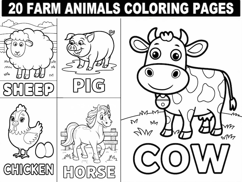 K&ouml;nnte beinhalten: Schwarz-Wei&szlig;-Malvorlagen mit Nutztieren. Das Bild enth&auml;lt Illustrationen eines Schafs, Schweins, einer Kuh, eines Huhns und eines Pferdes, mit den W&ouml;rtern "SHEEP", "PIG", "CHICKEN", "HORSE" und "COW" darunter. Der Titel lautet "20 FARM ANIMALS COLORING PAGES".
