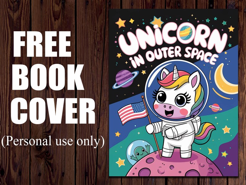 May include: A colorful book cover design featuring a cartoon unicorn in a spacesuit holding an American flag. The title "Unicorn in Outer Space" is displayed above the unicorn. The background includes planets, stars, and a crescent moon.