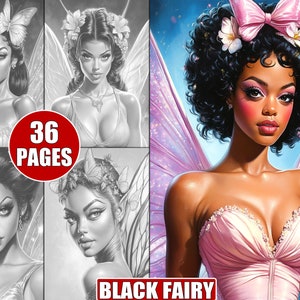 36 Printable Black Fairy Grayscale Adult Coloring Pages, Magical African American Fairy Art & Fantasy Illustrations, Creative Coloring Book
