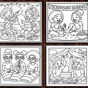 May include: Four black and white illustrations showing sleepover activities. One shows girls having a pillow fight, another shows them painting toenails, a third shows them with face masks, and the last shows them reading under a tent.