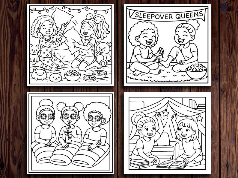 May include: Four black and white illustrations showing sleepover activities. One shows girls having a pillow fight, another shows them painting toenails, a third shows them with face masks, and the last shows them reading under a tent.