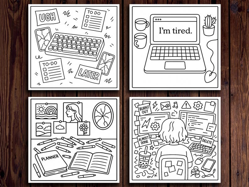 May include: Black and white line art illustrations depicting themes of work and productivity. One shows a laptop with "I'm tired" on the screen. Other images include a keyboard, to-do lists, and a person at a computer.