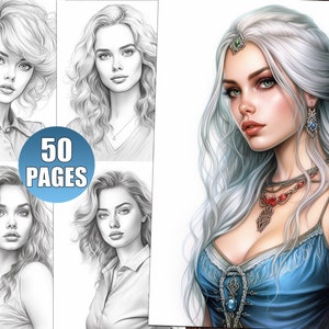 Ladies Portrait Coloring Book: 50 Grayscale Pages for Adults (Instant Download)