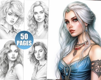 Ladies Portrait Coloring Book: 50 Grayscale Pages for Adults (Instant Download)