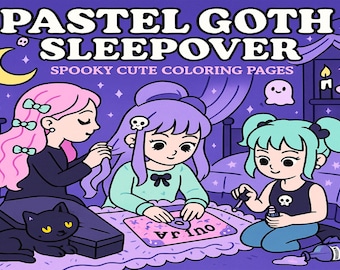 Páginas para colorear de pijamadas góticas pastel: Fiesta de brujas kawaii espeluznante (Descargar PDF)