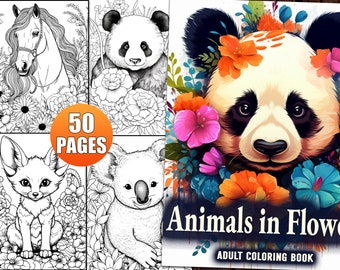 Tiere in Blumen Malbuch: 50 entspannende Illustrationen (PDF, Digital Download)