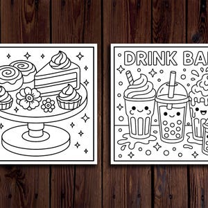 以下が含まれることがあります： 2つの白黒イラスト。1つは、お菓子とケーキのスライスが載ったケーキスタンドです。もう1つは「DRINK BAR」と書かれており、バブルティーやミルクセーキなど、笑顔のさまざまな飲み物が描かれています。