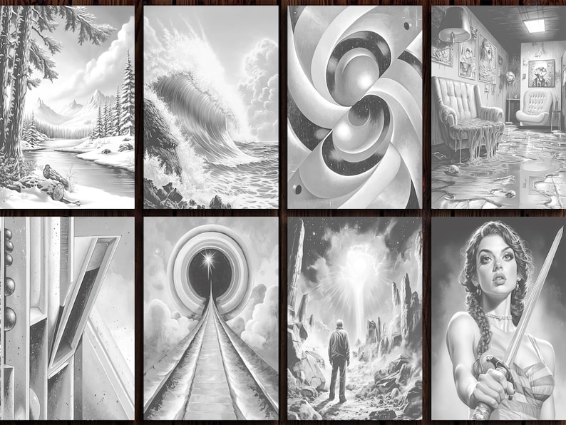 60 Grayscale Painting Coloring Pages: Artistic Designs (printable PDF ...
