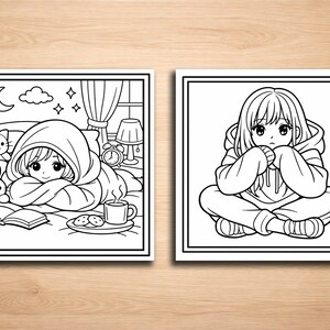 K&ouml;nnte beinhalten: Zwei schwarz-wei&szlig;e Illustrationen im Anime-Stil. Eine zeigt eine Person im Bett mit einer Decke, umgeben von einer Katze, einem Hasen, einem Buch und einem Tablett mit Keksen und einer Tasse. Die andere zeigt eine Person im Schneidersitz.
