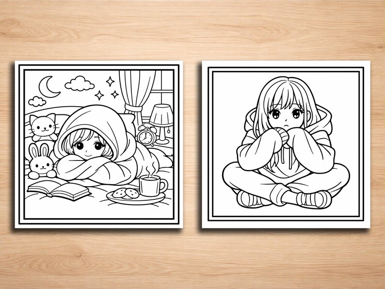 K&ouml;nnte beinhalten: Zwei schwarz-wei&szlig;e Illustrationen im Anime-Stil. Eine zeigt eine Person im Bett mit einer Decke, umgeben von einer Katze, einem Hasen, einem Buch und einem Tablett mit Keksen und einer Tasse. Die andere zeigt eine Person im Schneidersitz.